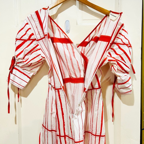 {LOVEBIRDS} Red & White Striped Designer High-Low Midi Dress - Picture 6 of 10